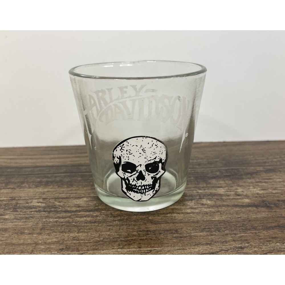 Vintage Harley Davidson Double Shot Glass 4 Oz Skull Skeleton Small Chip